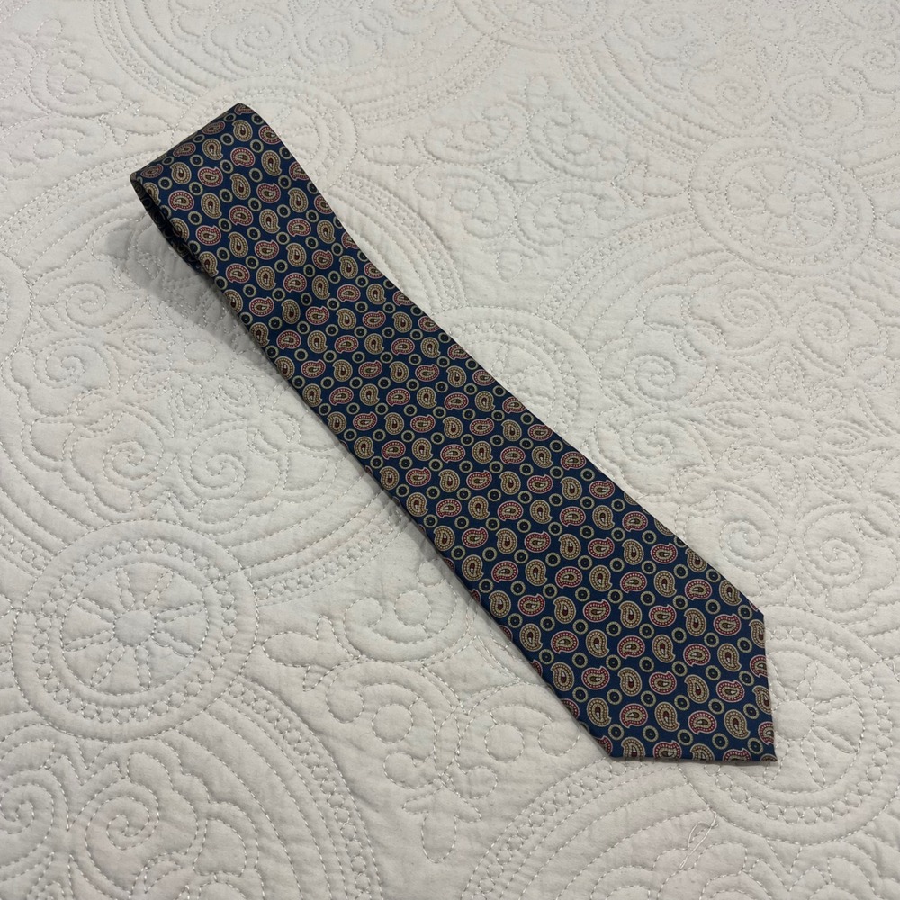 Liberty of London Mens Silk Tie Navy Blue Red Gold Paisley Medallion Made in USA